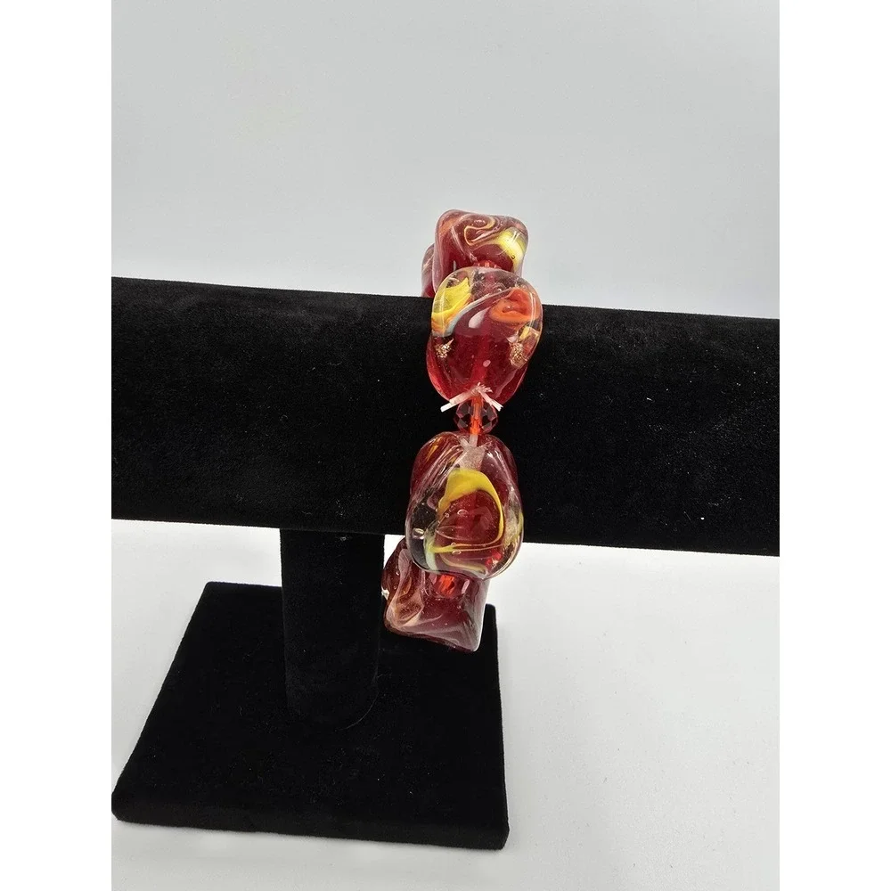 Chunky Red Swirl Art Glass Lamp work Foil Bead Stretch Bracelet‎ Fashion Jewelry